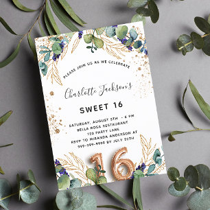 Sweet 16 eucalyptus greenery glitter elegant 16th invitation