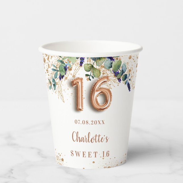 Sweet 16 eucalyptus greenery glitter monogram paper cups (Front)