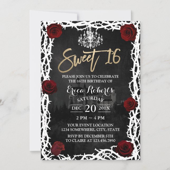 Sweet 16 Fairytale Castle Rose & Thorn Birthday Invitation (Front)