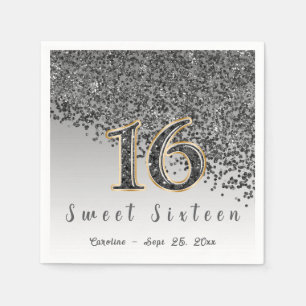 Sweet 16 Falling Black Glitter & Monogram Napkin