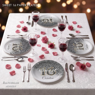 Sweet 16 Falling Black Glitter & Monogram Paper Plate