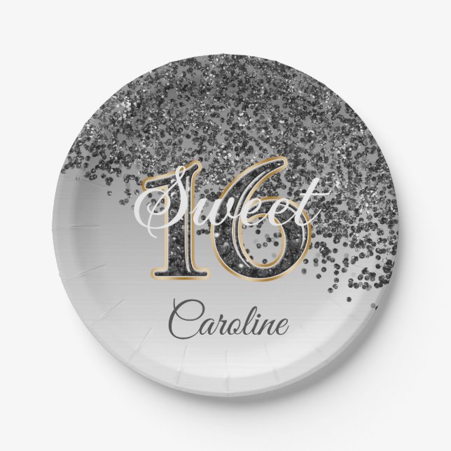 Sweet 16 Falling Black Glitter & Monogram Paper Plate (Front)