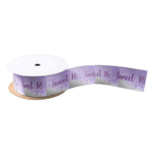 Sweet 16 Falling Purple Glitter on Shiny Silver Satin Ribbon