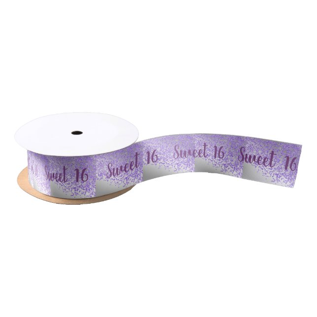 Sweet 16 Falling Purple Glitter on Shiny Silver Satin Ribbon (Spool)