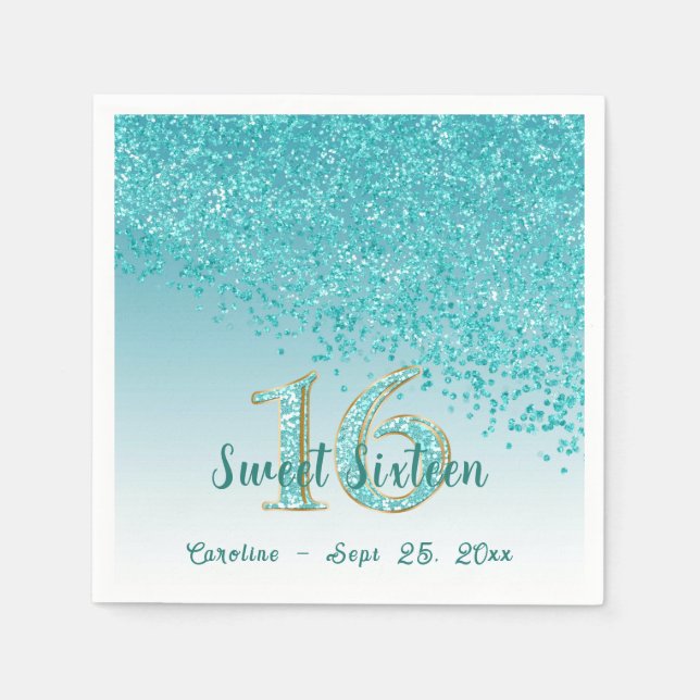 Sweet 16 Falling Teal Blue Glitter & Monogram Napkin (Front)