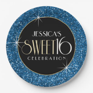 Sweet 16 Faux Blue Glitter Paper Plate