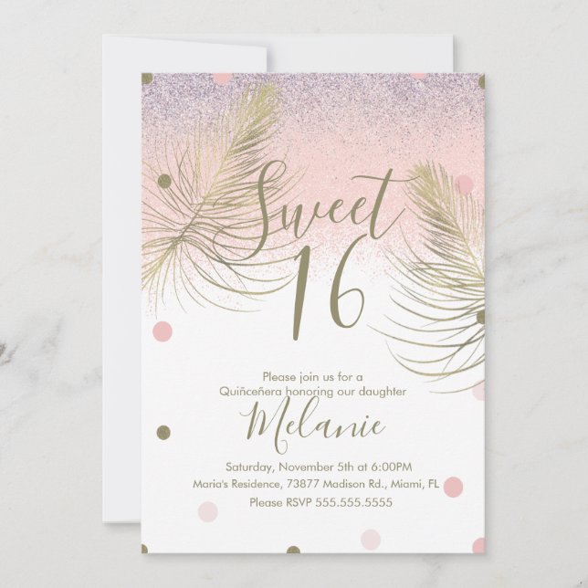Sweet 16 Faux Glitter Dots Gold Feather Pink  Invitation (Front)
