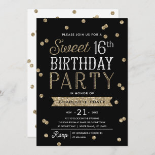 Sweet 16 Faux Gold Glitter Confetti Party Invitation
