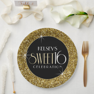 Sweet 16 Faux Gold Glitter Paper Plate