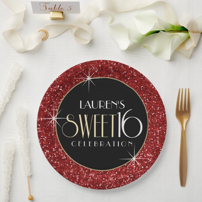 Sweet 16 Faux Red Glitter Paper Plate (Wedding)