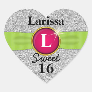 Sweet 16 Faux Ribbon Jewel Silver Glitter Heart Heart Sticker