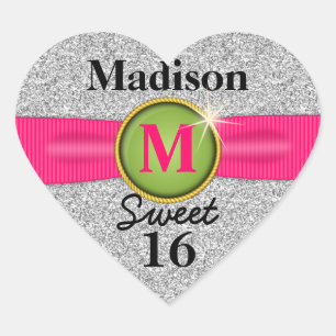 Sweet 16 Faux Ribbon Jewel Silver Glitter Heart Heart Sticker