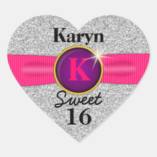 Sweet 16 Faux Ribbon Jewel Silver Glitter Heart Sticker