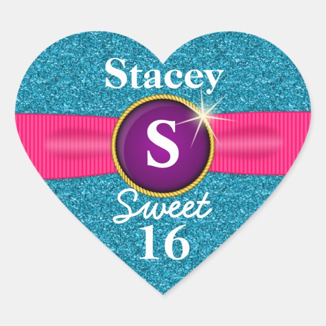 Sweet 16 Faux Ribbon Jewel Turquoise Glitter Heart Heart Sticker (Front)