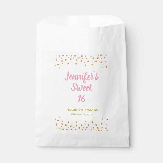Sweet 16 Favour Bag Pink Gold Glitter Confetti (Front)