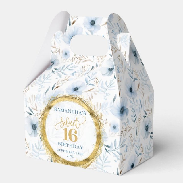 Sweet 16 Favour Box Dusty Blue Floral Gold Glitter (Sweet 16 Favor Box Dusty Blue Floral Gold Glitter)