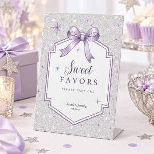 Sweet 16 Favours Sparkling Silver Violet Bow ID133 Pedestal Sign