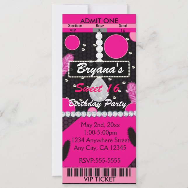 Sweet 16 Feathers Diamonds Pink Birthday Ticket Invitation (Front)