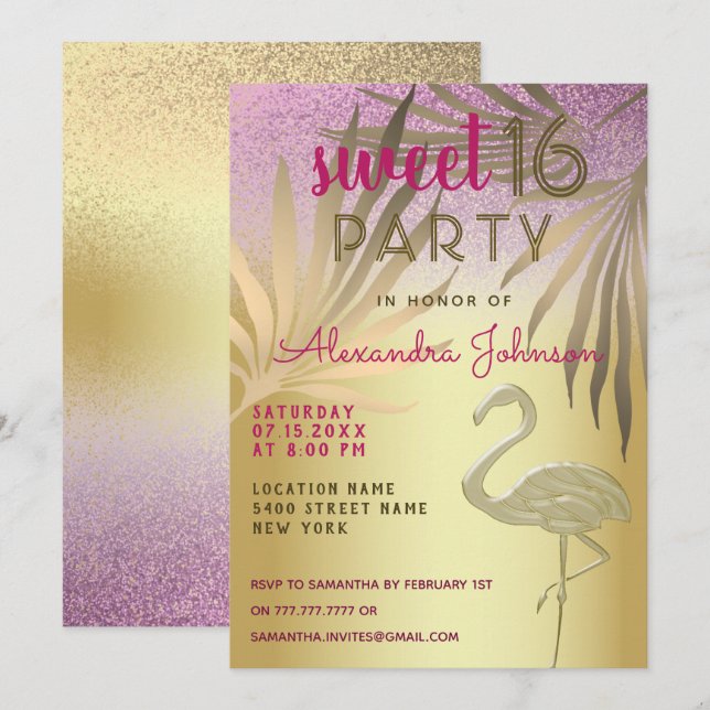 Sweet 16 Flamingo Pink and Gold Glitter Invitation (Front/Back)