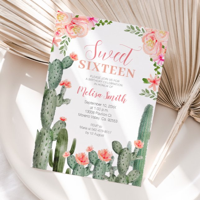 Sweet 16 Floral Cactus Succulent Birthday Girl  Invitation (Creator Uploaded)