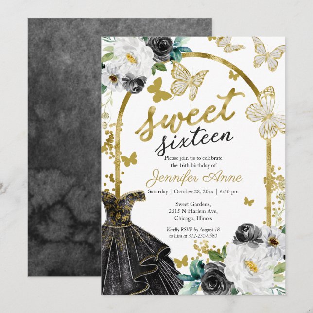 Sweet 16 Floral Dress Butterfly Black Gold Invitation (Front/Back)