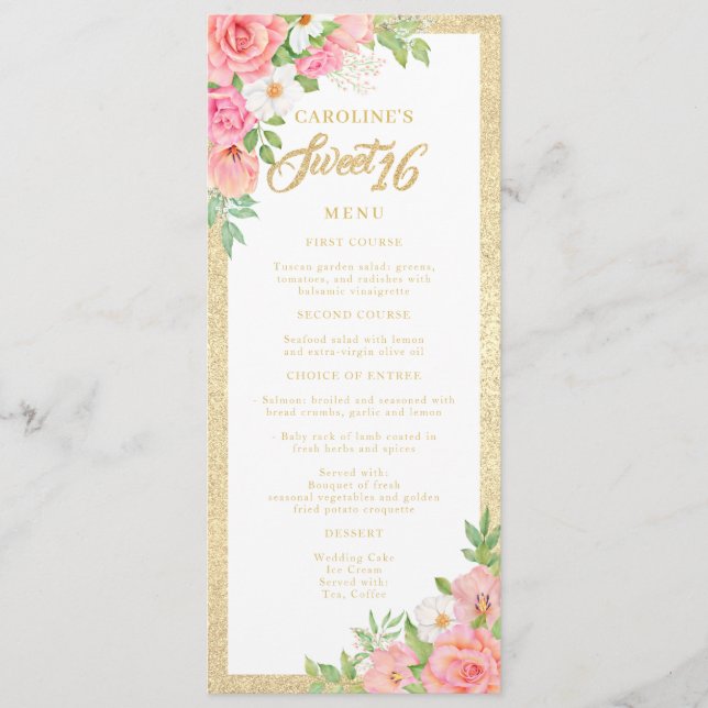 Sweet 16 Floral Elegant Rose Tulip Pink Floral Menu (Front)