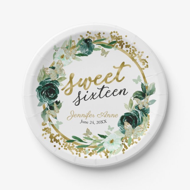 Sweet 16 Floral Emerald Green Butterfly Paper Plate (Front)