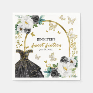 Sweet 16 Floral Gold Black Dress Butterfly Napkin