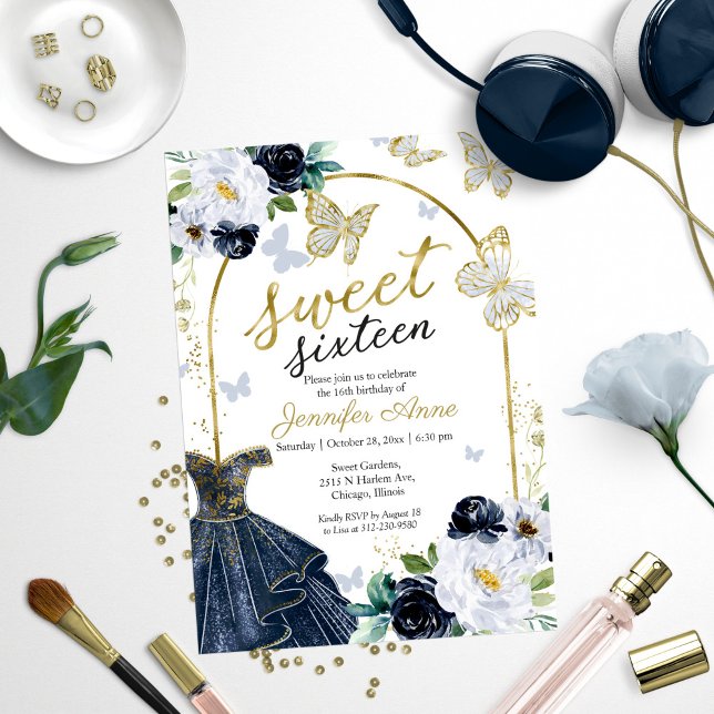 Sweet 16 Floral Navy Blue Dress Butterfly Invitation (Creator Uploaded)