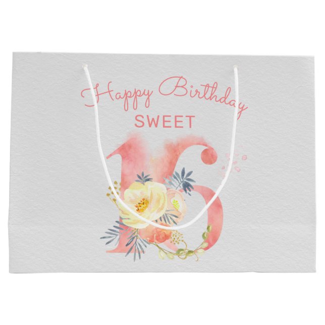 Sweet 16 Floral Number Large 16th Birthday Gift Bag (Back)