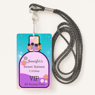 sweet 16 floral perfume bottle holographic stylish ID badge