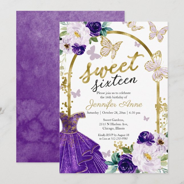 Sweet 16 Floral Purple Dress Butterfly Invitation (Front/Back)