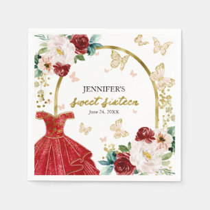Sweet 16 Floral Red Dress Butterfly Napkin