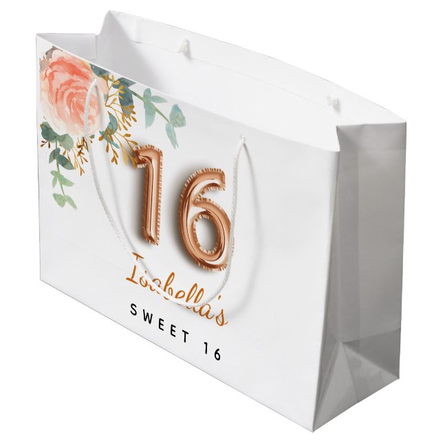 Sweet 16 floral rose gold eucalyptus birthday large gift bag (Back Angled)