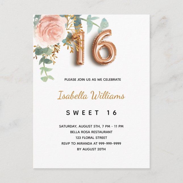 Sweet 16 floral rose gold eucalyptus greenery invitation postcard (Front)