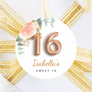 Sweet 16 floral rose gold eucalyptus monogram classic round sticker