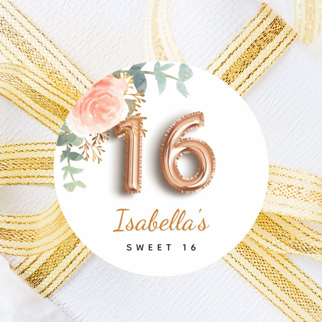 Sweet 16 floral rose gold eucalyptus monogram classic round sticker (Creator Uploaded)