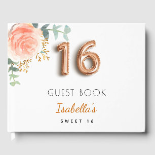 Sweet 16 floral rose gold eucalyptus monogram guest book