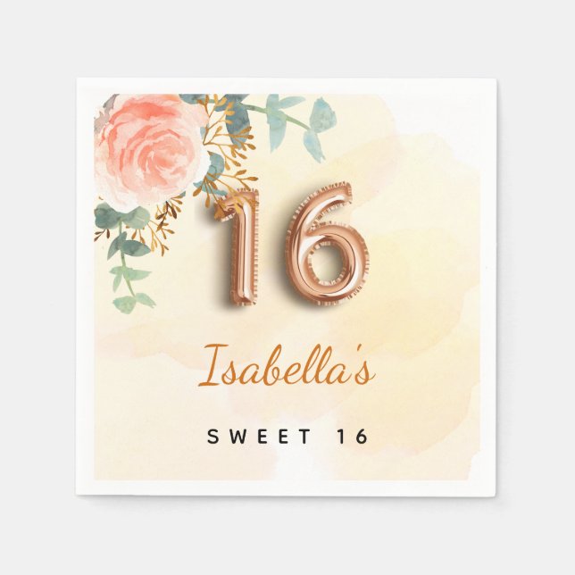 Sweet 16 floral rose gold eucalyptus monogram napkin (Front)