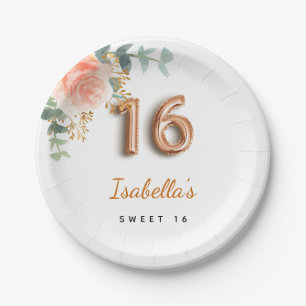 Sweet 16 floral rose gold eucalyptus monogram paper plate
