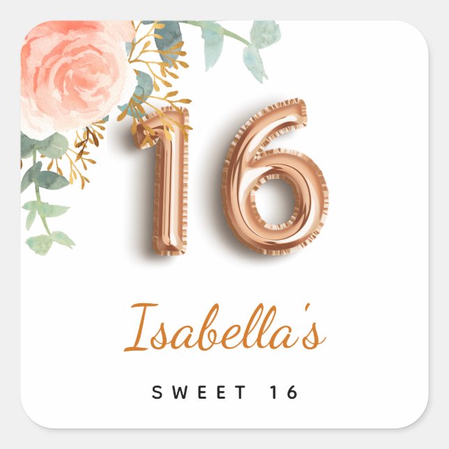 Sweet 16 floral rose gold eucalyptus monogram square sticker (Front)