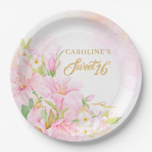 Sweet 16 Floral Watercolor Botanical Blush Pink Paper Plate