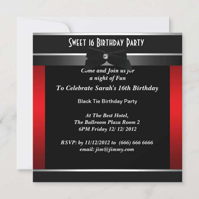 Sweet 16 Formal Black Tie Birthday Party Invitation (Front)