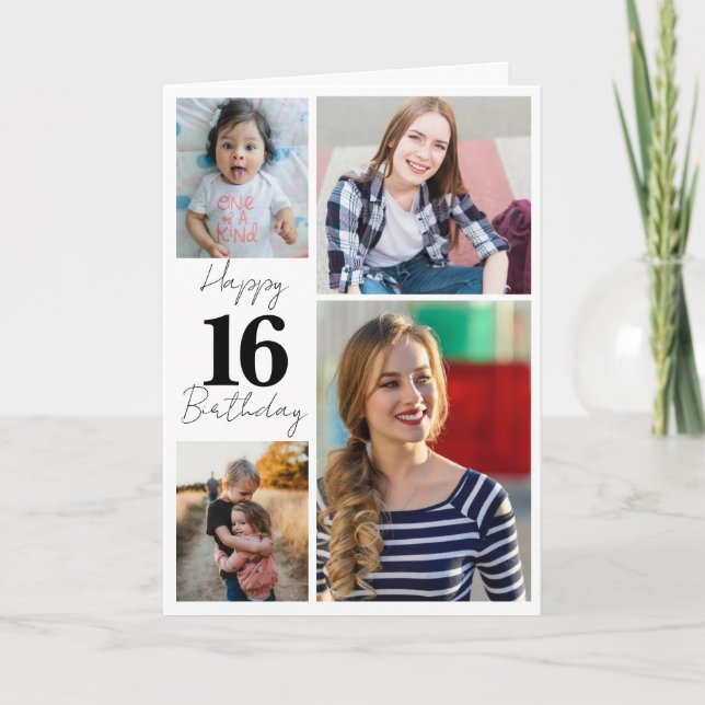 Sweet 16 Four Photo Collage Name Keepsake Card (Front)