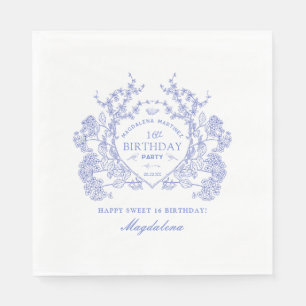 Sweet 16 French Blue Floral Crest Custom Napkin