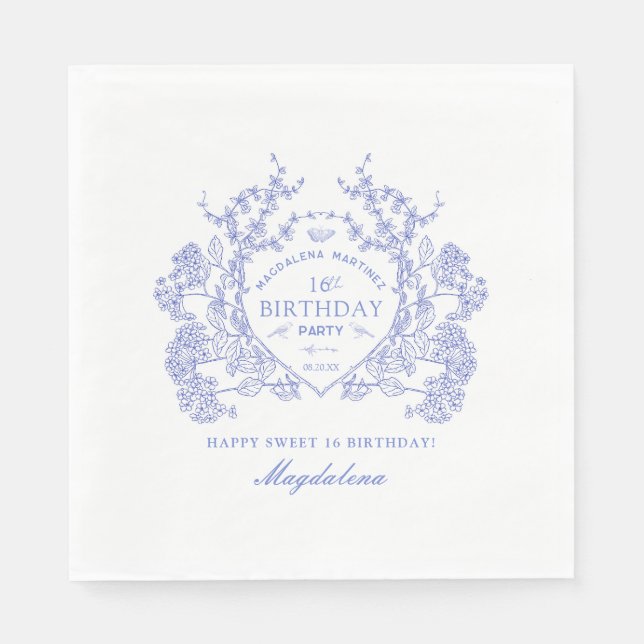 Sweet 16 French Blue Floral Crest Custom Napkin (Front)