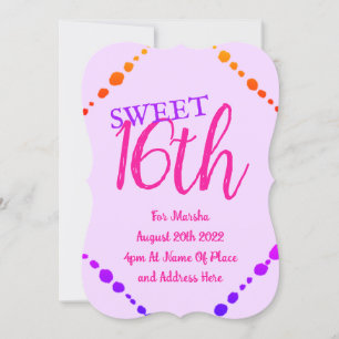 Sweet 16 Fun Dots Pink Purple Text Invitation