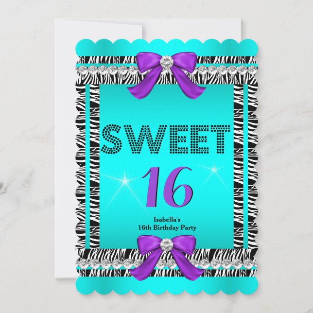 Sweet 16 Fun Party Zebra Teal Blue Purple Bow 6S Invitation (Front)