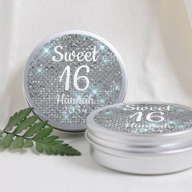 Sweet 16 Girl Birthday Favours Silver Tin Box Classic Round Sticker (Sweet 16 Girl Birthday Favors Silver Tin Box Classic Round Sticker
)