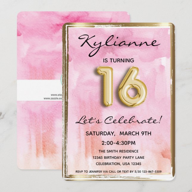 Sweet 16 Girl Birthday Pink and Gold 16th Invitation (Front/Back)